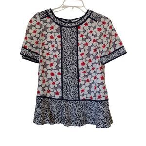 Boden‎ Blouse Women 2 Red White Polka Dots Floral Short Sleeve Keyhole Casual